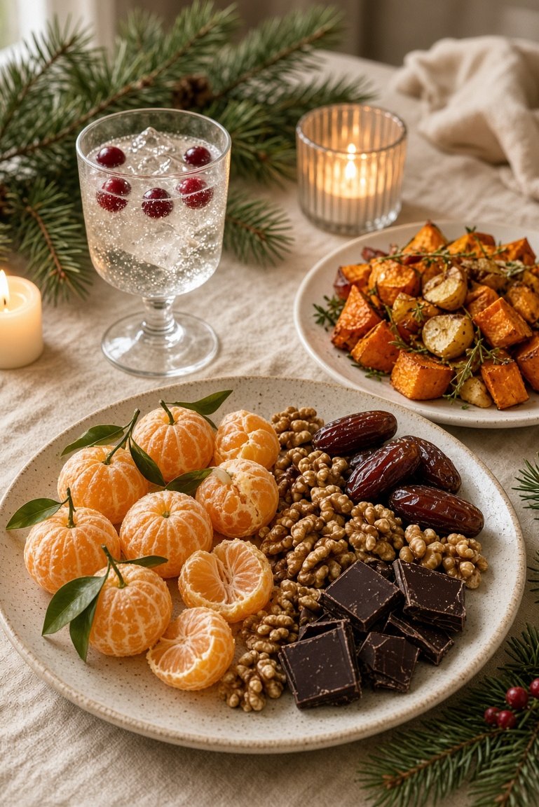 Table de Noël légère : clémentines, noix, dattes, chocolat noir et légumes rôtis, entre branches de sapin et bougies