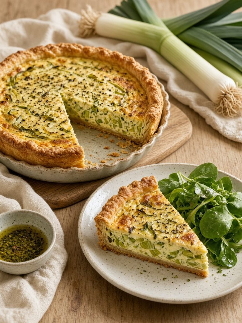 Quiche aux poireaux maison servie avec une salade verte, poireaux frais et vinaigrette sur une table en bois