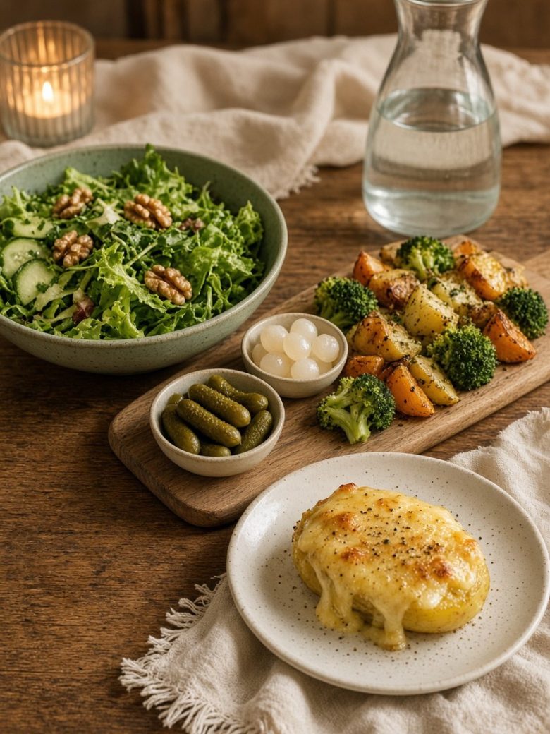 Raclette équilibrée : pomme de terre au fromage fondu, grande salade verte aux noix, légumes rôtis et cornichons