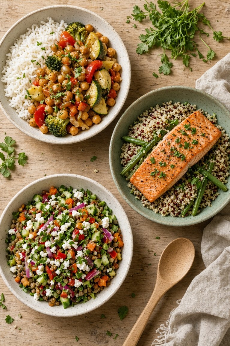 Trois bols de repas équilibrés et rapides : poêlée de pois chiches, saumon au quinoa et haricots verts, salade de lentilles