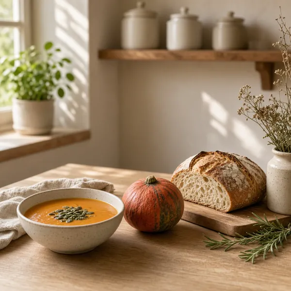 Cuisine de campagne chaleureuse : bol de soupe de potiron, potimarron, pain de campagne et romarin sur un plan de travail en bois.