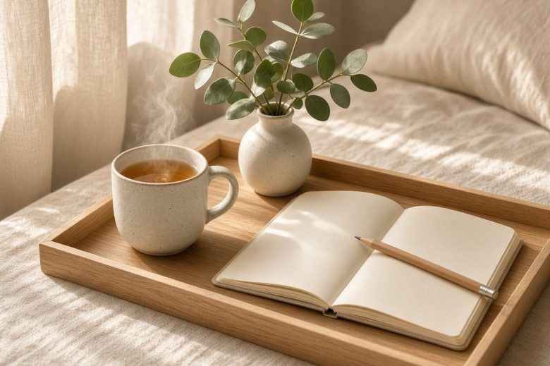 Plateau en bois avec une tasse de tisane fumante, un carnet ouvert et un brin d’eucalyptus, dans la douce lumière du matin