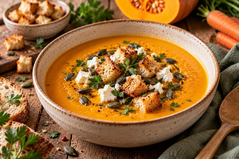 Soupe de potimarron et lentilles corail avec croûtons, chèvre frais et graines de courge
